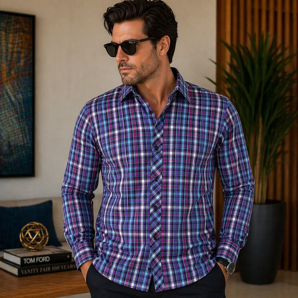 Jared Lang Mens Tessuto Italiano Shirt Sz XL Multicolor Plaid Button Down